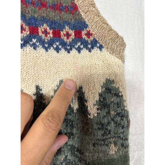 VTG Sweater Vest Large Wool Silk Striped Neutral Christmas Trees Robert Scott - Picture 7 of 7